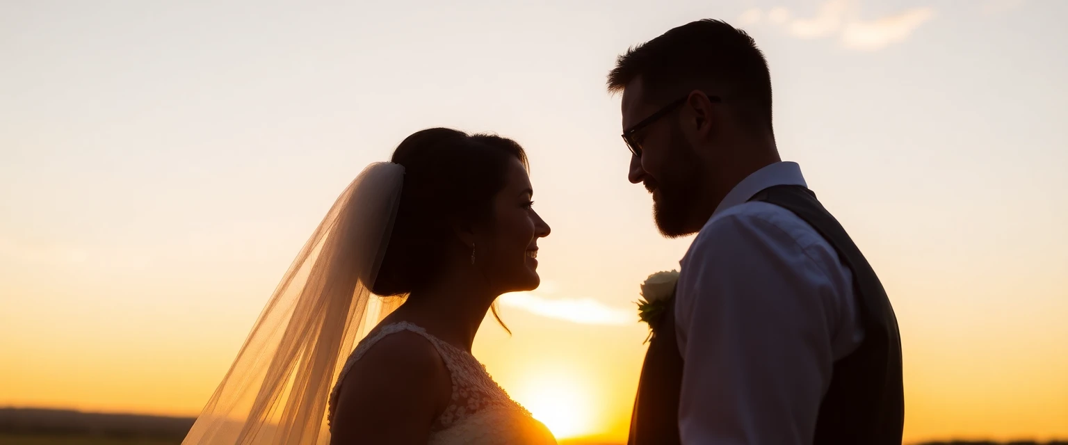 Sunset wedding photography, golden hour, romantic